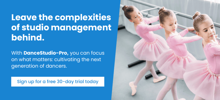 Leave the complexities of studio management behind. With DanceStudio-Pro, you can focus on what matters: cultivating the next generation of dancers. Sign up for a free 30-day trial today.