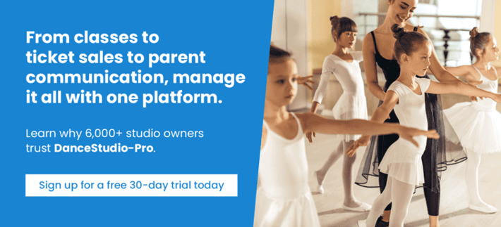 From classes to ticket sales to parent communication, manage it all with one platform. Learn why 6,000+ studio owners trust DanceStudio-Pro. Sign up for a free 30-day trial today.