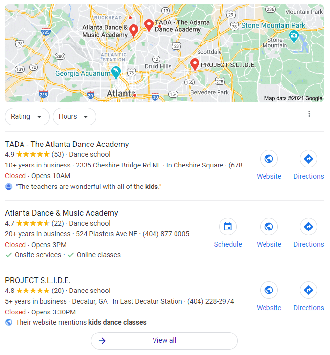 Ensure your business is listed in the business listings section of the SERP to improve your dance studio marketing approach.