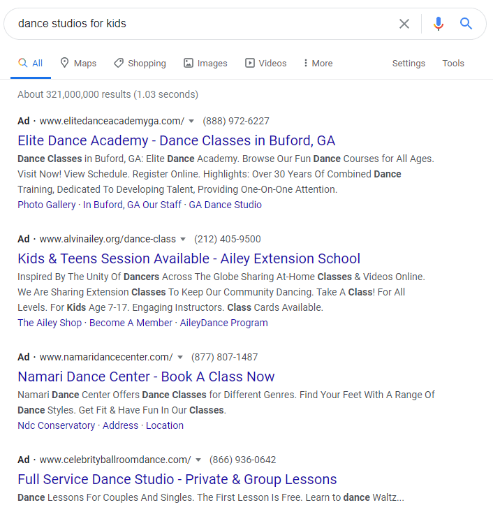 Paid search ads can be one element of your dance studio marketing strategy.